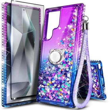 Imagem de Capa NGB projetada para Samsung Galaxy S24 Ultra, roxa/azul | Capa fofa com glitter líquido brilhante | com protetor de tela, suporte de anel e cordão de pulso para mulheres, meninas e crianças