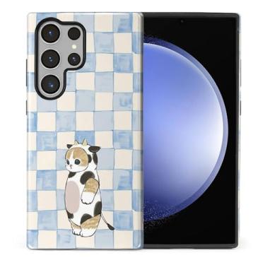 Imagem de Goodsprout Capa para Samsung Galaxy S24 Ultra, silicone TPU de camada dupla + policarbonato rígido, à prova de choque e resistente a arranhões, azul quadriculado um gato vestido com roupas de vaca