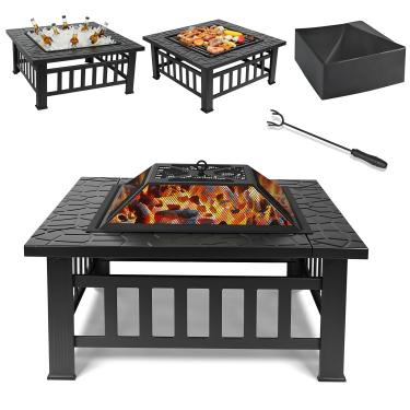 Imagem de MAMIZO Fogueira externa de 81 cm, mesa de fogão quadrada de madeira com acessórios, tela de faísca, capa à prova d'água, pôquer incluso para quintal, churrasqueira, pátio, acampamento, fogueira
