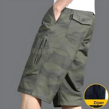 Imagem de Bermuda Cargo Masculina De Algodão Solta Com Zíper E Bolsos, Casual, P
