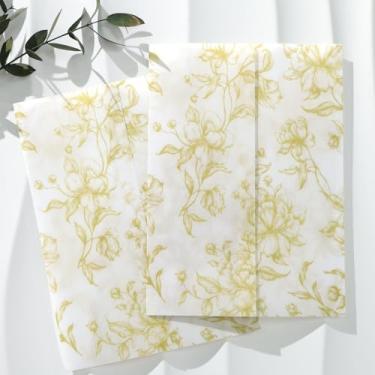 Imagem de UNIQOOO Pacote com 50 jaquetas de veludo Grace Bloom estampadas em ouro claro pré-dobradas para convites de 12 x 17 cm, jaqueta de veludo transparente 115 GSM para casamentos e eventos com tema