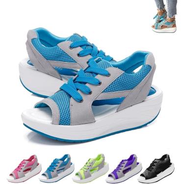 Imagem de Sandálias De Muffin Com Cadarço E Recortes Em Painéis Contrastantes, Sandálias De Muffin Com Cadarço Para Mulheres, Sandálias Ortopédicas De Malha Antiderrapante De, Blue, 36EU