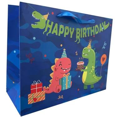 Imagem de Conjunto grande de sacolas de presente de feliz aniversário de dinossauro de 33 cm com alças, cartão comemorativo, papel de seda azul e adesivos para meninos, meninas, festa infantil, chá de bebê
