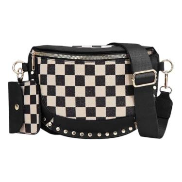 Imagem de Pochete para mulheres, bolsa transversal quadriculada de lona, bolsa quadriculada, bolsa preta e branca, bolsa de cinto quadriculada, B02 - preto, 31*14*21.7cm/12*5.5*8.54inch, Retrô