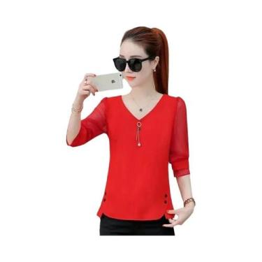 Imagem de Blusa De Chiffon Feminina De Manga Longa Com Decote Em V Estilo Casual