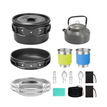 Imagem de KiBcsLic Kit de utensílios de cozinha para camping: copos, pratos, garfos, conjunto portátil para cozinhar em camping, incluindo panela, frigideira e chaleira, Preto