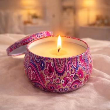 Imagem de Vela Perfumada Artesanal Aromática Cereja e Avelã, Vegana 100% Natural com Cera de Coco - Lata Decorativa Mandala Mística 130g - Aromaterapia, Decoração e Presente