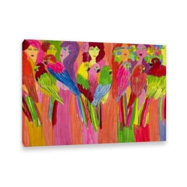 Imagem de SDYJ6GSW Walasse Ting Impressão artística em tela senhoras com papagaios galo famosa reprodução de pintura floral feminina decoração de parede grande colorida para quarto Moldura de 100 x 70 cm