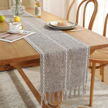Imagem de Caminho de mesa rústico com borlas, caminhos de mesa boho trançados listrados, mesa de linho de algodão para jantar, festas e casamentos (marrom, 33 x 91 cm)