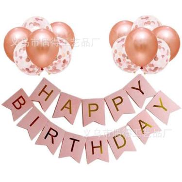Imagem de Kit de decoração de festa Feliz Aniversário 13 unidades em ouro rosa -