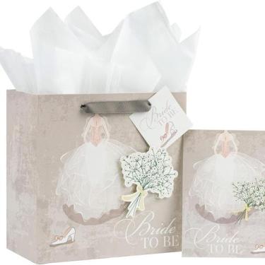 Imagem de Bolsa de presente, vestido de noiva, cartão branco, sacola de transpor