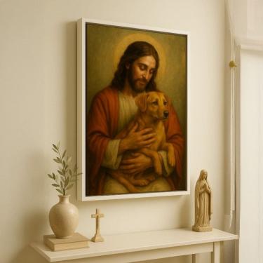 Imagem de Quadro Canvas Jesus Cachorro Caramelo 60x40cm Mold Branca