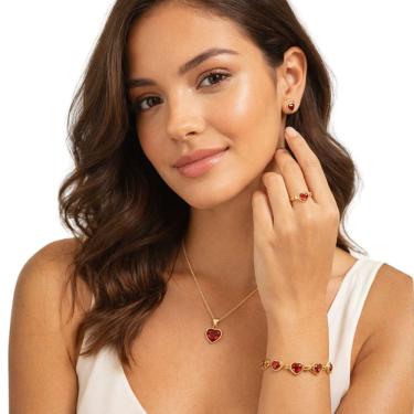 Imagem de Kit Feminino Coração Elegante Colar Brinco Pulseira Luxo