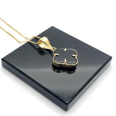 Imagem de Colar Ouro 18K Trevo Pedra Preta Onix 1cm e Corrente ELK150 - Fab Joia