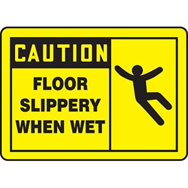Imagem de Accuform Placa de segurança de vinil adesivo Signs MSTF622VS, Legenda "CAUTION ANDAR SLIPPERY WHEN WET" com gráfico, 17,78 cm de comprimento x 25,40 cm de largura x 0,000 cm de espessura, preto sobre amarelo