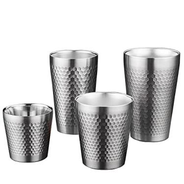 Imagem de UPTALY 4 copos de aço inoxidável prata (450ml/ 350ml/ 300ml/ 175ml), copos com padrão de martelo de diamante, canecas de chá gelado engrossadas, canecas de cerveja de parede dupla, xícaras de café de metal, para ambientes internos e externos