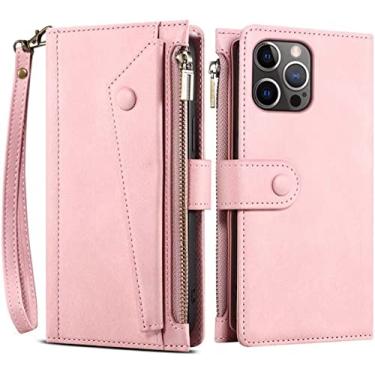 Imagem de Watchium Capa de telefone de imitação de couro, para Apple iPhone 13 Pro Max (2021) 6,7 polegadas Folio Stand Case Carteira com zíper [Porta-cartão] (Cor: Rosa)