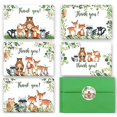 Imagem de 50 cartões de agradecimento da floresta, 10 x 15 cm, notas de agradecimento com envelopes e adesivos verdes correspondentes, cartões de notas de criaturas da floresta, perfeitos para chá de bebê e fes