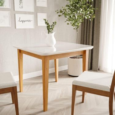 Imagem de Mesa de Jantar Quadrada  4 Lugares 95cm Tampo MDF e Vidro Pés Madeira Maciça Tangará CabeCasa MadeiraMadeira Caramarromo/Off White