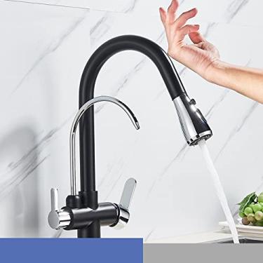 Imagem de Modo de guindaste de água fria quente Torneira misturadora montada no convés Filtro de sensor de toque Torneira de cozinha com água pura Retire a torneira misturadora Girar, preto e cromado,