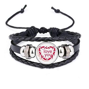 Imagem de Pulseira de couro trançado com corda para dia dos namorados coração rosa Love You