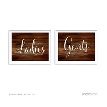 Imagem de Andaz Press Placas de festa de casamento, impressão de madeira rústica, conjunto de estoque final, Bathroom Signs, 1