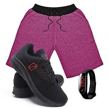 Imagem de Kit Bermuda Moletom Masculina + Tenis Masculino Conforto + Relógio Digital - Rosa-PretoLaranja/G-42