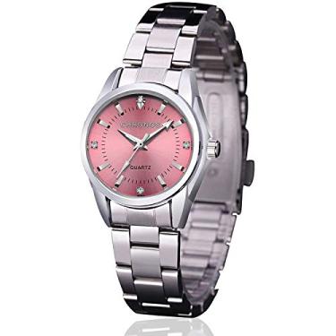 Imagem de Relógio analógico de quartzo feminino com pulseira de aço inoxidável, relógio de pulso luminoso com strass e diamante numeral romano à prova d 'água fashion casual - rosa