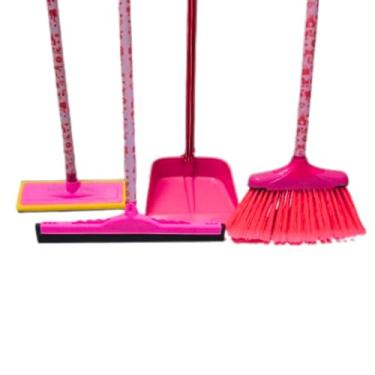 Imagem de Kit Limpeza Todo Rosa Vassoura Multiuso, Rodo Duplo Grande 40 cm de Borracha, Pá de Lixo e Lava Azulejo Todos com Cabo, Esfregão Kit Todo Cor de Rosa