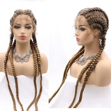 Imagem de Xiweiya 4 tranças marrom em loiro lace frontal perucas com cabelo de bebê, caixa dourada, tranças de milho trançado loiro ombré trançado tranças de crochê para mulheres 76 cm