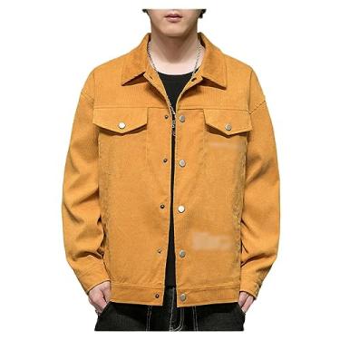 Imagem de Jaqueta masculina de veludo cotelê, cor sólida, gola lapela, casaco casual, respirável, confortável, amigo da pele, Amarelo, 4G