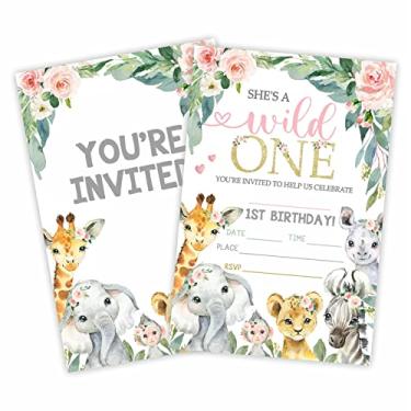 Imagem de Convite para festa de aniversário Wild One, cartões de convite de animais da selva (20 unidades) com envelopes, cartões de convite para meninas e crianças, artigos para festa de aniversário-A45