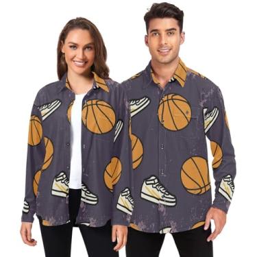 Imagem de Camisa de botão masculina manga longa para mulheres ao ar livre com bolsos texturas grunge basquete roxo, Grunge Textures Basketball Roxo, P