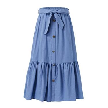 Imagem de Kukume Saia maxi para meninas com botão frontal cintura alta saia longa com cinto babados com bolso 3-12 anos, Azul 2, 7-8 Anos