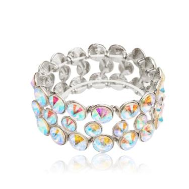 Imagem de Elegante pulseira elástica larga para noiva feminina declaração de cristal redondo Art Deco bijuteria para festa de casamento formatura (cristal AB iridescente - banhado a platina), Cristal Zinco