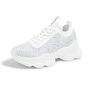 Imagem de LUCKY STEP Tênis feminino de strass grosso, brilhante, de malha deslumbrante, sem cadarço, elástico, com glitter, rave, Strass branco, 37