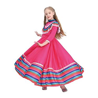 Imagem de Vestido Mexicano para Meninas Crianças Tradition De Mayo Fiesta Vestido de Princesa Roupas de Páscoa Blusa Senorita Saia Dança, Vermelho rosa, P