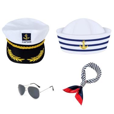 Imagem de Vewzaty Chapéu de capitão de barco de iate boné de navio marinheiro cachecol óculos de sol boné capitão marinheiro para homens e mulheres