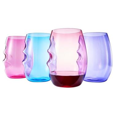 Imagem de Vidro plástico europeu inquebrável, taças de vinho sem haste | Conjunto de 3, 400 ml | Conjunto Tritan acrílico com recortes de 3 dedos - conjunto de copos de cor pastel, livre de BPA, reutilizável,