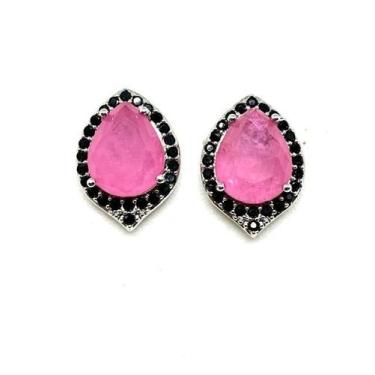 Imagem de Brinco Gota Pink Cravejado Microzirconia Ródio Negro - Mood by Mi