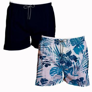 Imagem de Kit 2 Shorts Masculino Liso e Florido Azul Tactel Verão - Bueno Store,