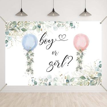 Imagem de Bellicremas Fundo de balão azul e rosa aquarela verde para meninos ou meninas para decorações de revelação de gênero, faixa de revelação de gênero de eucalipto botânico com ilhós de cobre