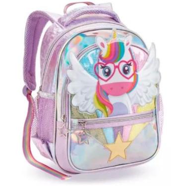 Imagem de Mochila Costas Infantil Unicórnio Asas 3d Escolar Roxo Denlex