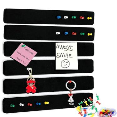 Imagem de 6 tiras de barra de cortiça preta com 50 pinos e notas adesivas, tiras autoadesivas para quadro de avisos sem danos para parede, placa de alfinete de feltro de 33 cm x 5 cm para notas de cola, fotos,