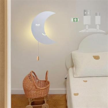Imagem de Luminária de parede interna Moon Cloud com interruptor de cordão LED Lâmpada de parede recarregável USB Alimentada por bateria Luzes de parede noturnas Decoração moderna de quarto infantil I