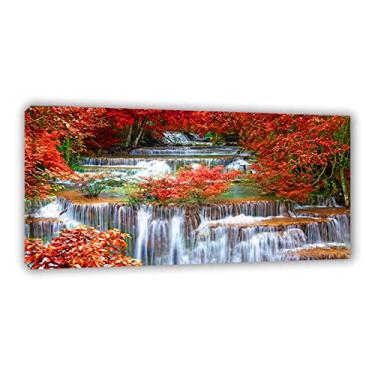 Imagem de JZSDGB Arte de parede em tela de paisagem moderna com folhas de bordo laranja e árvore, pintura em cascata, natureza, impressões em tela e pôster para decoração de sala de estar 40 x 80 cm (16 x 31