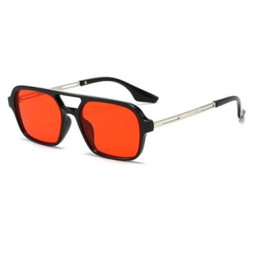 Imagem de Azoxus Óculos de sol aviador quadrado retrô feminino masculino armação pequena moda plástico, Armação preta/lentes vermelhas, Small
