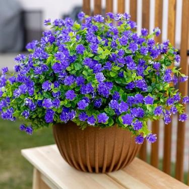 Imagem de AXYLEX Flores artificiais para atividades ao ar livre, plantas falsas – 12 pacotes de buxo com vegetação externa sintética, arbustos de plástico, decoração de outono, casa de fazenda, jardim (roxo)