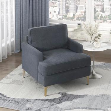 Imagem de Lexicon Cadeira moderna para sala de estar, poltrona estofada de chenille com almofadas reversíveis e pernas de metal dourado para quarto/escritório/sala de espera, cinza escuro