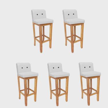 Imagem de Kit 05 Banqueta Alta Com Encosto Aila Balcão Bistrô Base Madeira Maciça Sintético Branco Botão Preto - Ahz Móveis